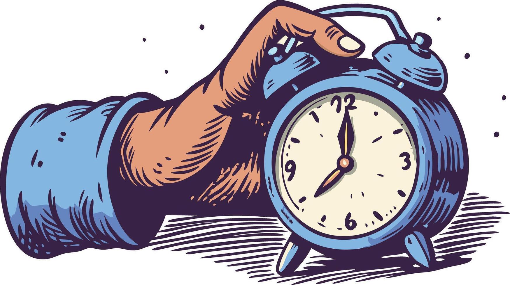 Hand hitting a vintage alarm clock, symbolizing frustration with waking up, morning routines, and exhaustion in a retro style illustration. vector