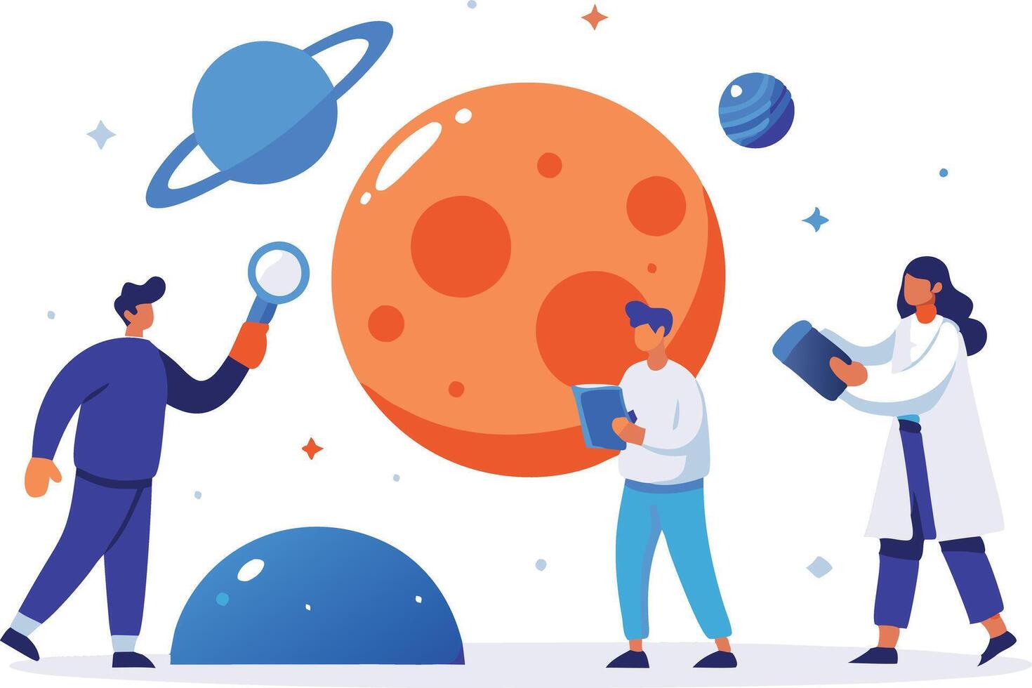 Children exploring space with planets and stars, representing space exploration, curiosity, and science learning in a colorful and educational illustration. vector