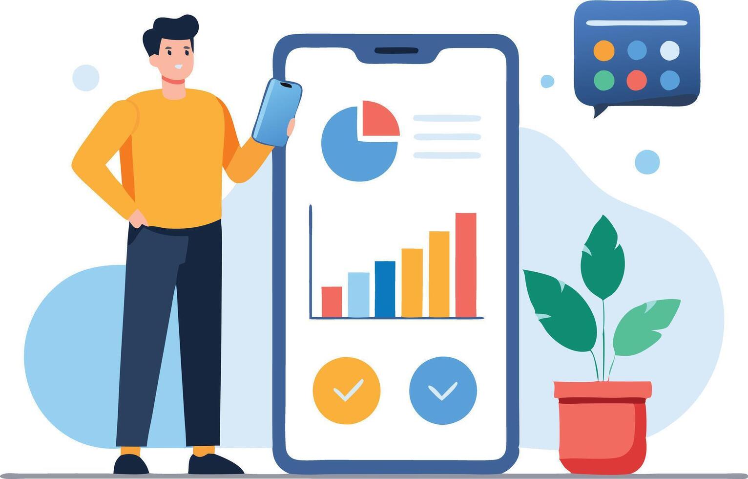 Young male character presenting data analytics on a mobile phone interface, emphasizing technology and growth vector