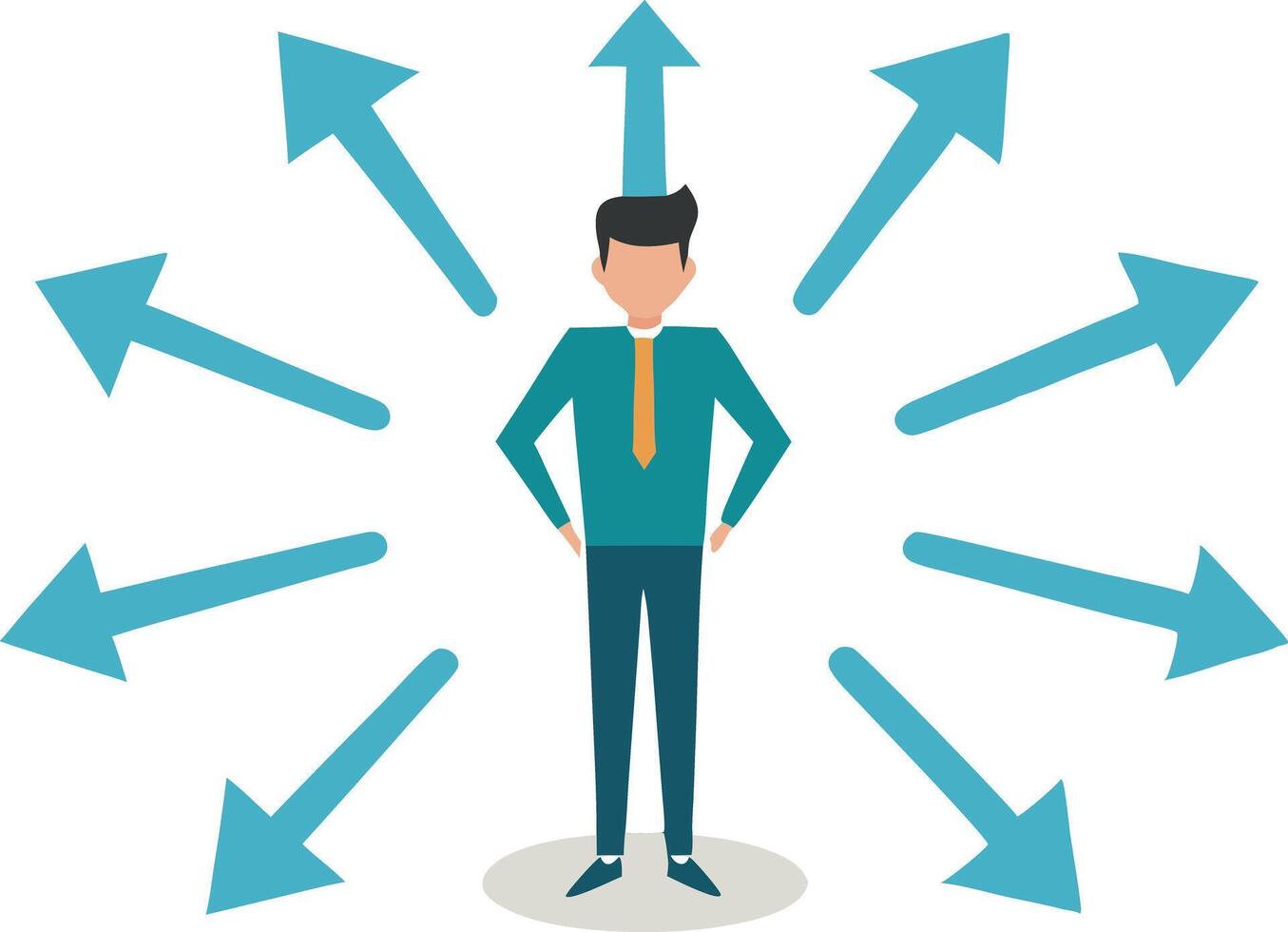 Businessman standing confidently with arrows pointing in multiple directions, depicting decisionmaking and strategy vector