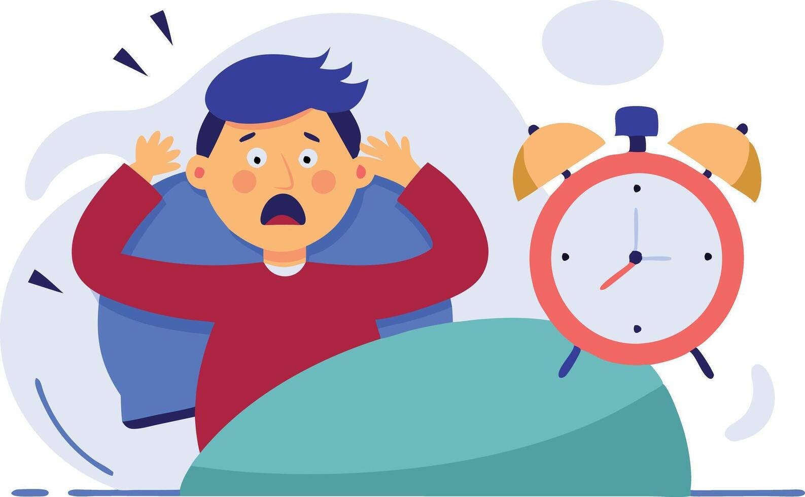 Shocked man sitting up in bed with alarm clock ringing, symbolizing waking up late, panic, and oversleeping in a modern cartoon style. vector