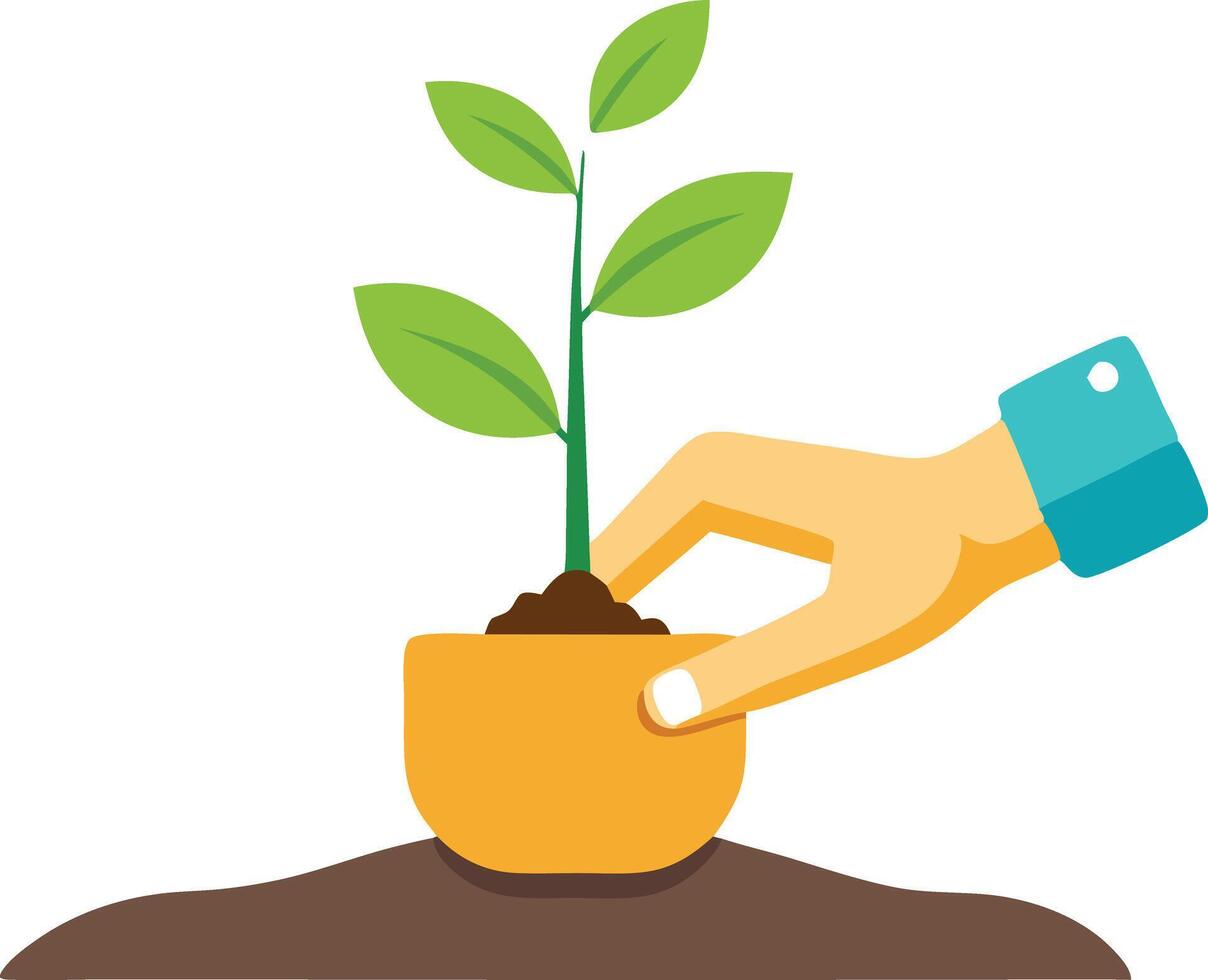illustration of a hand planting a seedling, representing growth, sustainability, and environmental conservation. vector
