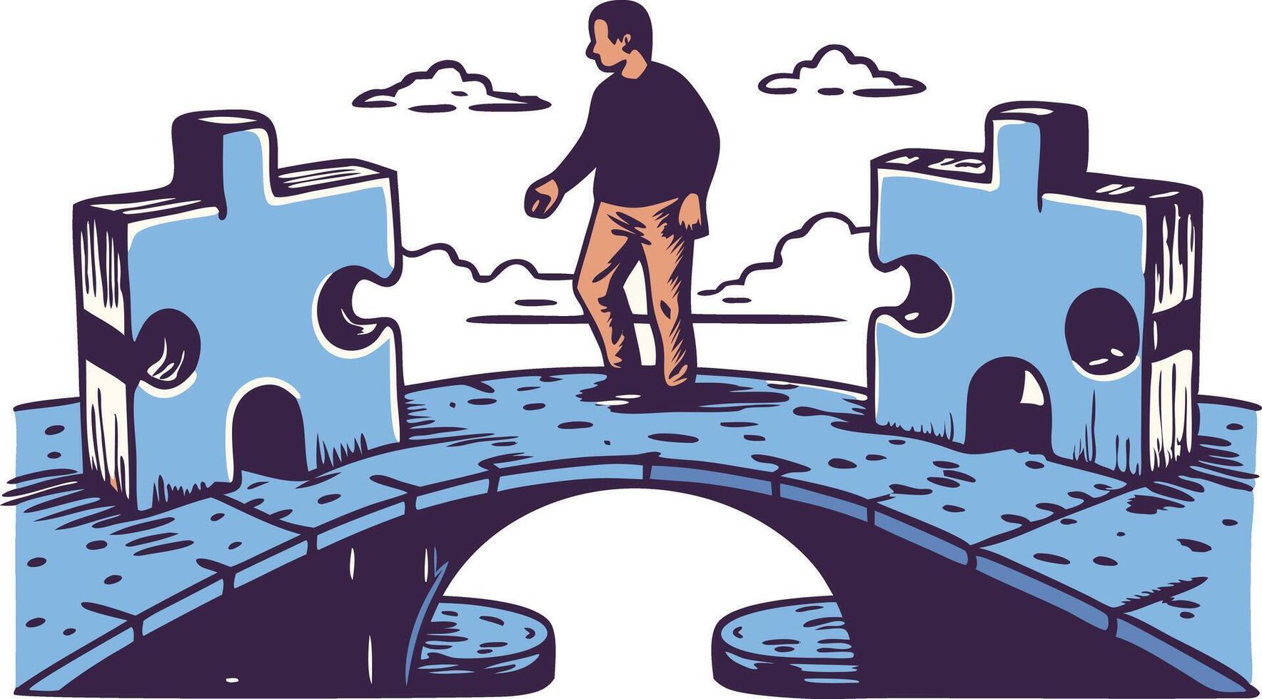 Character connecting two puzzle pieces over a bridge, representing problemsolving and collaboration vector