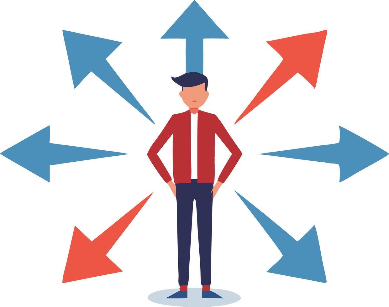 Character with hands on hips surrounded by arrows, symbolizing direction and confusion in decision making vector