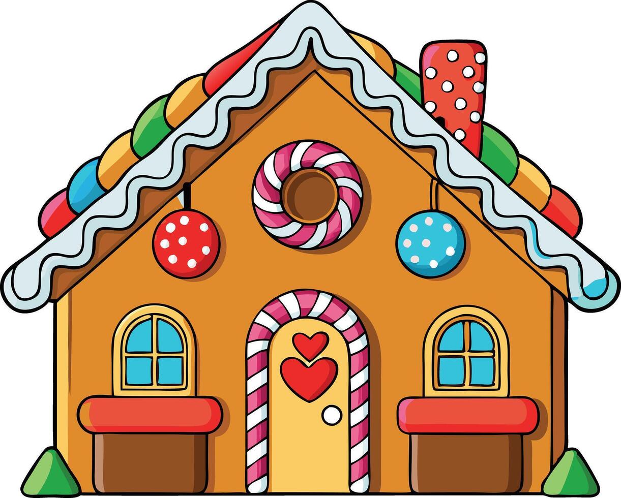 Gingerbread house with candy decorations, representing Christmas, holiday baking, and festive celebrations in a colorful and playful illustration. vector