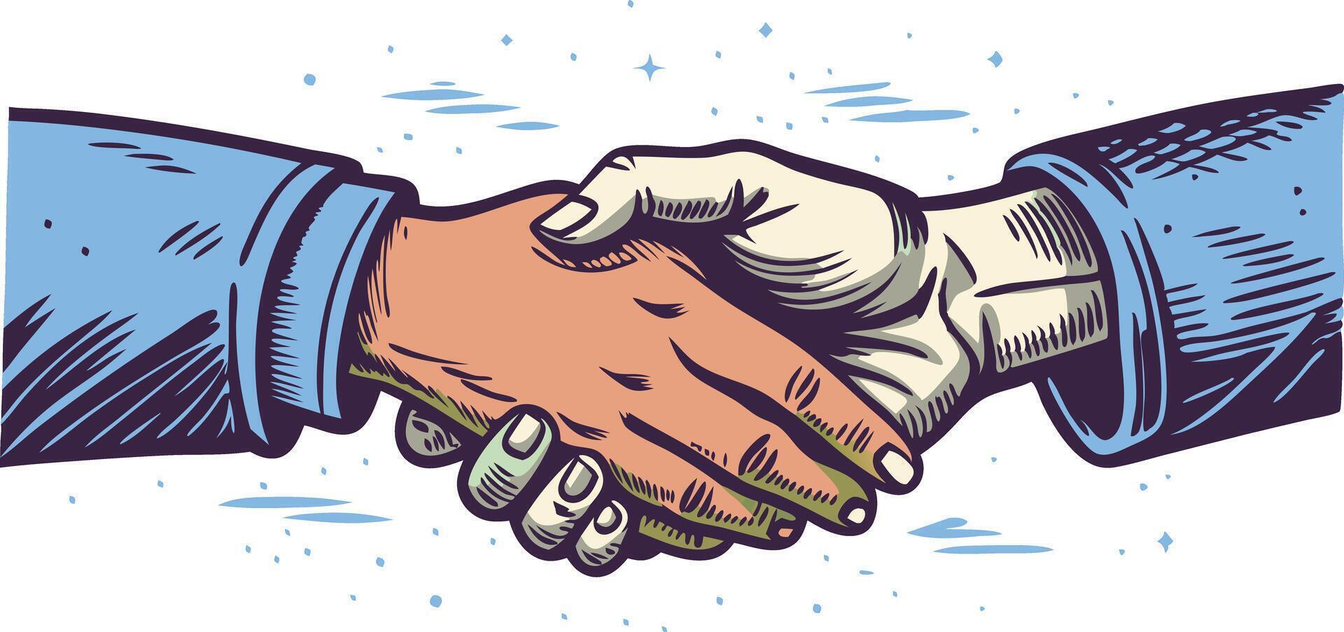 Cartoon illustration of a handshake between two diverse hands with a burst of energy in the background. vector