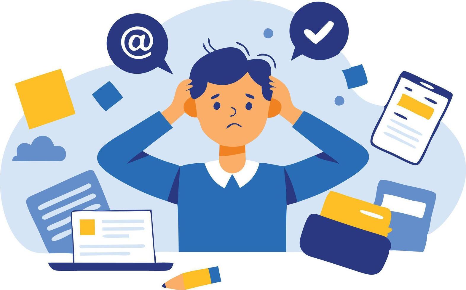 Stressed man overwhelmed with tasks and emails, symbolizing workplace stress, deadlines, and multitasking in a modern business setting. vector