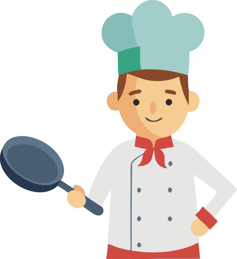 Cartoon chef holding a frying pan, wearing a white hat and red scarf, representing cooking and culinary skills vector