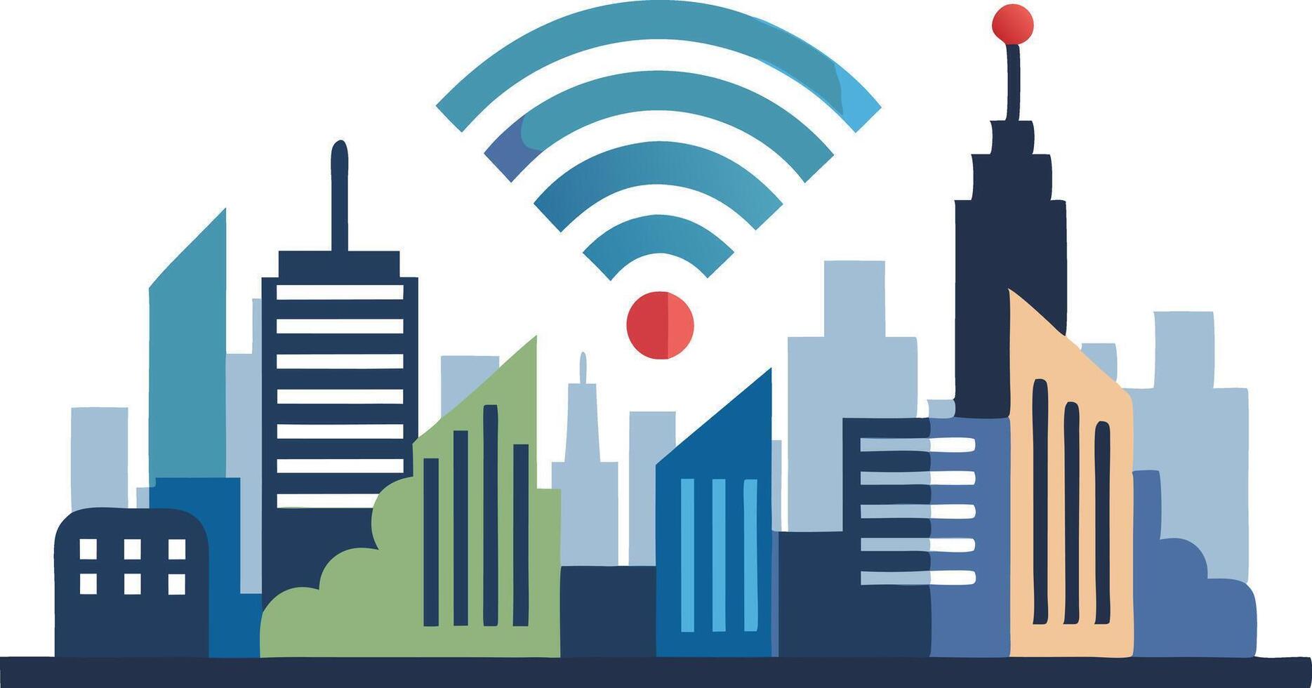 Smart city skyline with wireless connectivity signal above, representing modern technology and urban innovation vector
