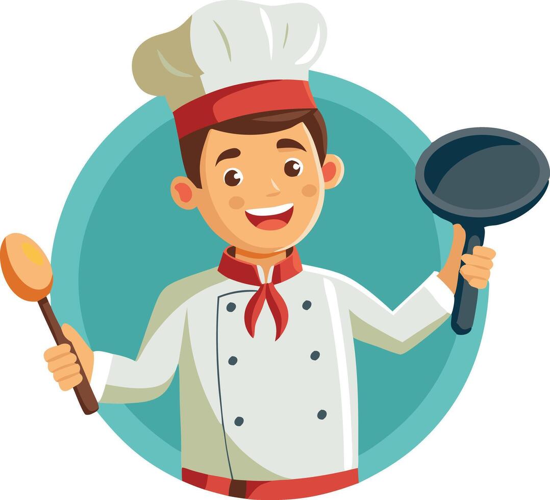 Happy chef holding frying pan and wooden spoon, dressed in white hat and red scarf, symbolizing joyful cooking and expertise vector
