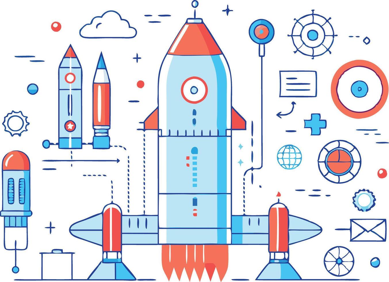 Detailed infographic of rockets and space technology, symbolizing exploration, innovation, and future missions in a modern and scientific style. vector
