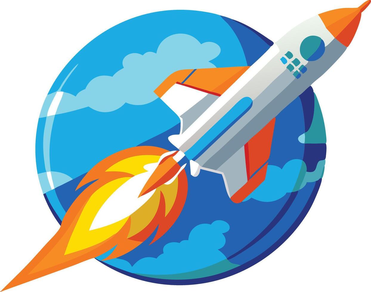 Rocket blasting into space with clouds and a planet in the background, representing innovation, exploration, and progress in a dynamic design. vector