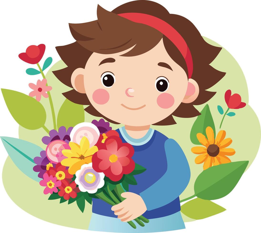 Smiling child holding colorful bouquet of flowers, surrounded by leaves, representing happiness and nature vector