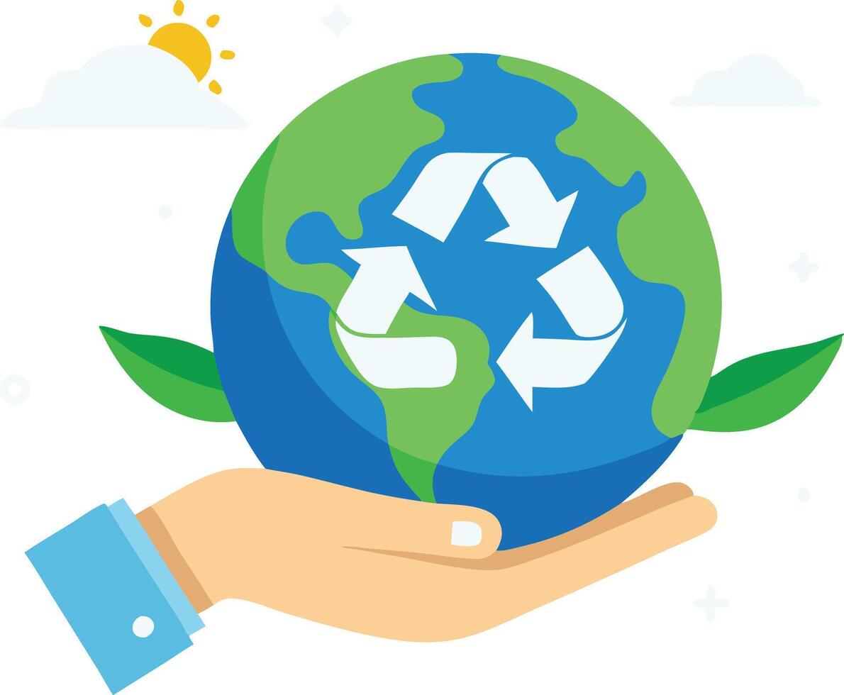 Hand supporting a globe with recycling symbol, symbolizing environmental care and sustainability vector
