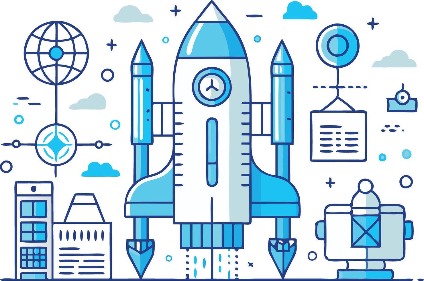 Infographic of a space station and rocket launch, representing innovation, technology, and space exploration in a modern, detailed design. vector