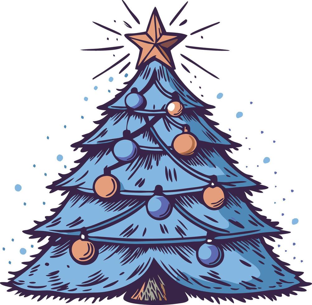 Decorated Christmas tree with ornaments and lights, symbolizing holiday spirit, joy, and festive celebration in a traditional seasonal setting. vector