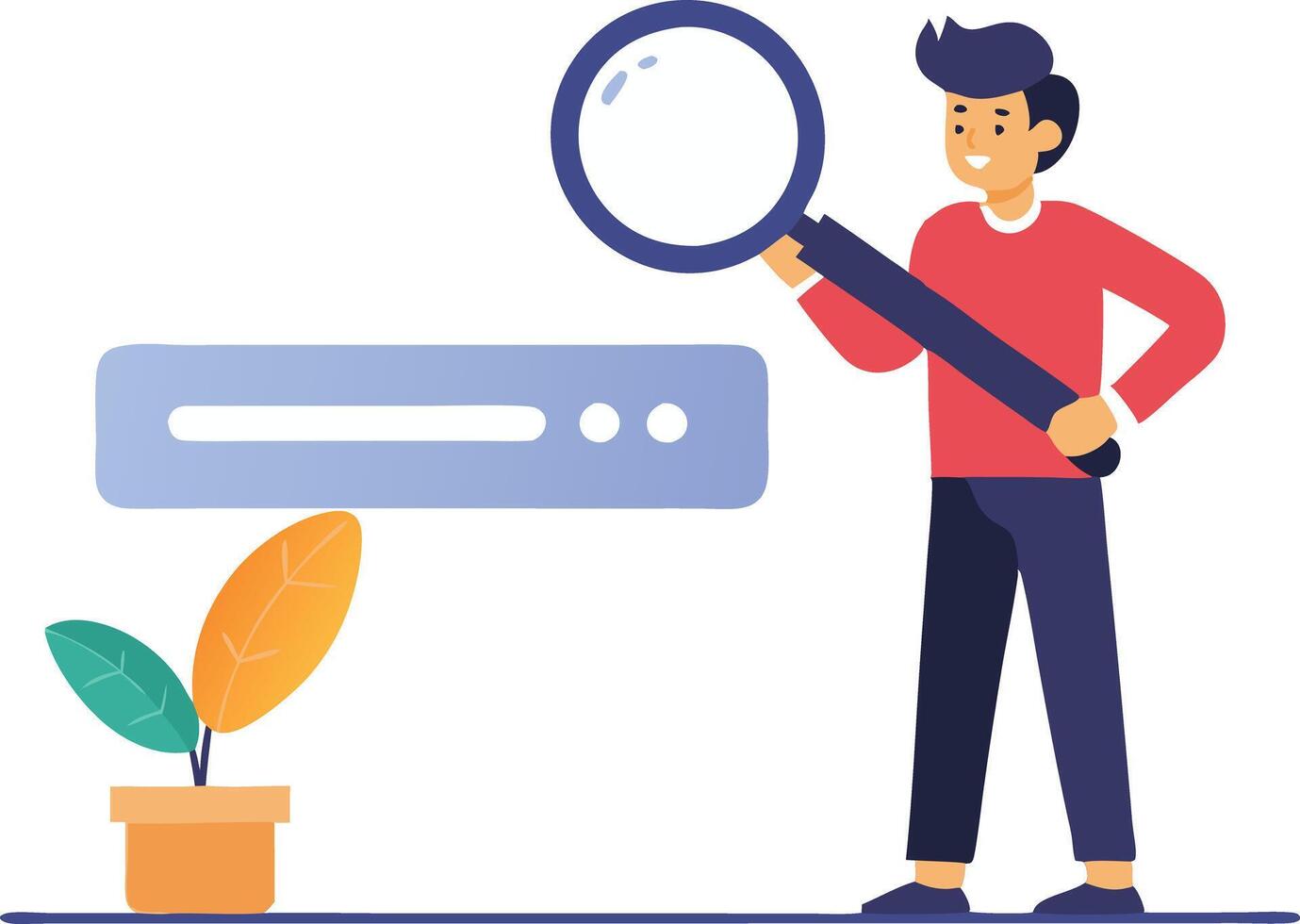 Male character looking through magnifying glass, inspecting a small plant beside a search engine illustration vector