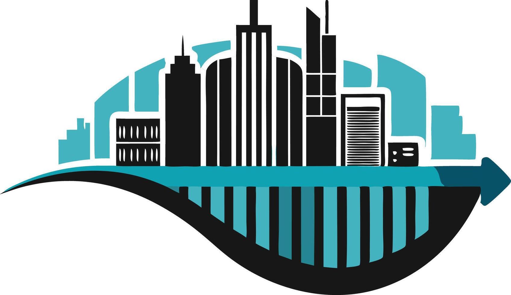 Modern city skyline with stylized black wave beneath, minimalistic urban landscape design vector