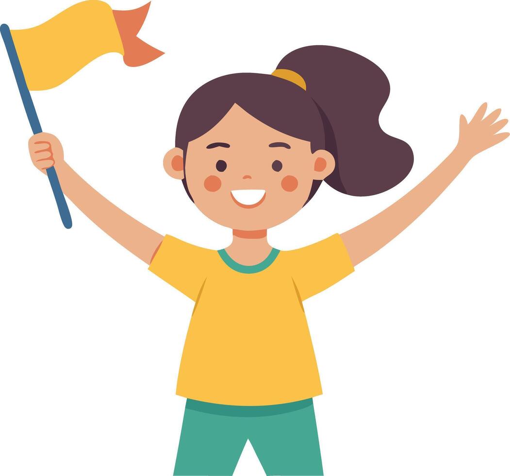 Girl holding a yellow flag and smiling, symbolizing victory and achievement in a competition or event vector