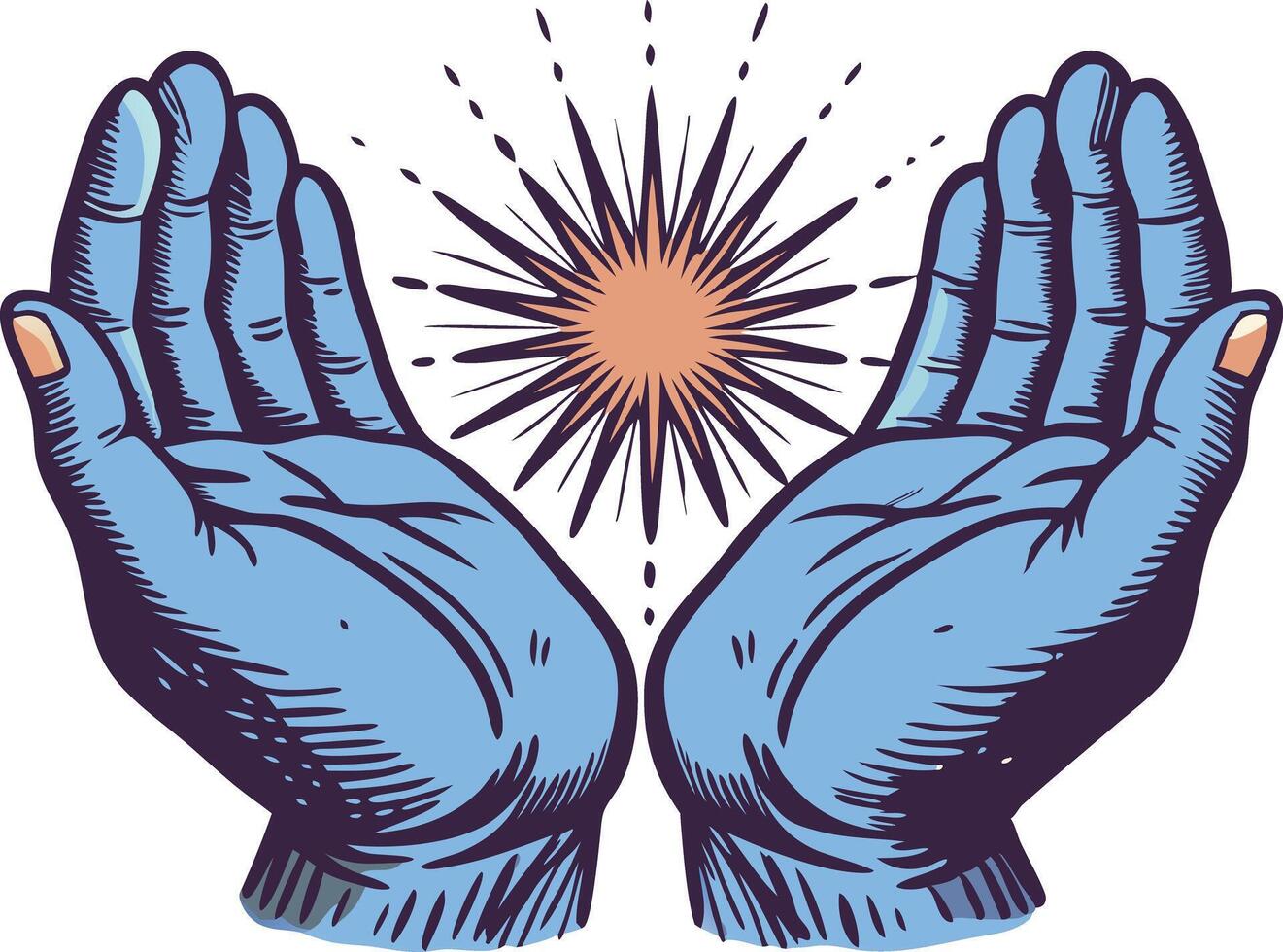 Illustration of hands holding a glowing light symbolizing spirituality, healing, and guidance vector