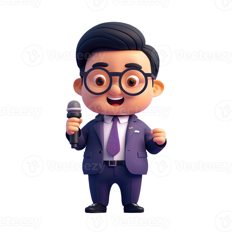 3D character icon of a full-body journalist, wearing professional attire and holding a microphone, png
