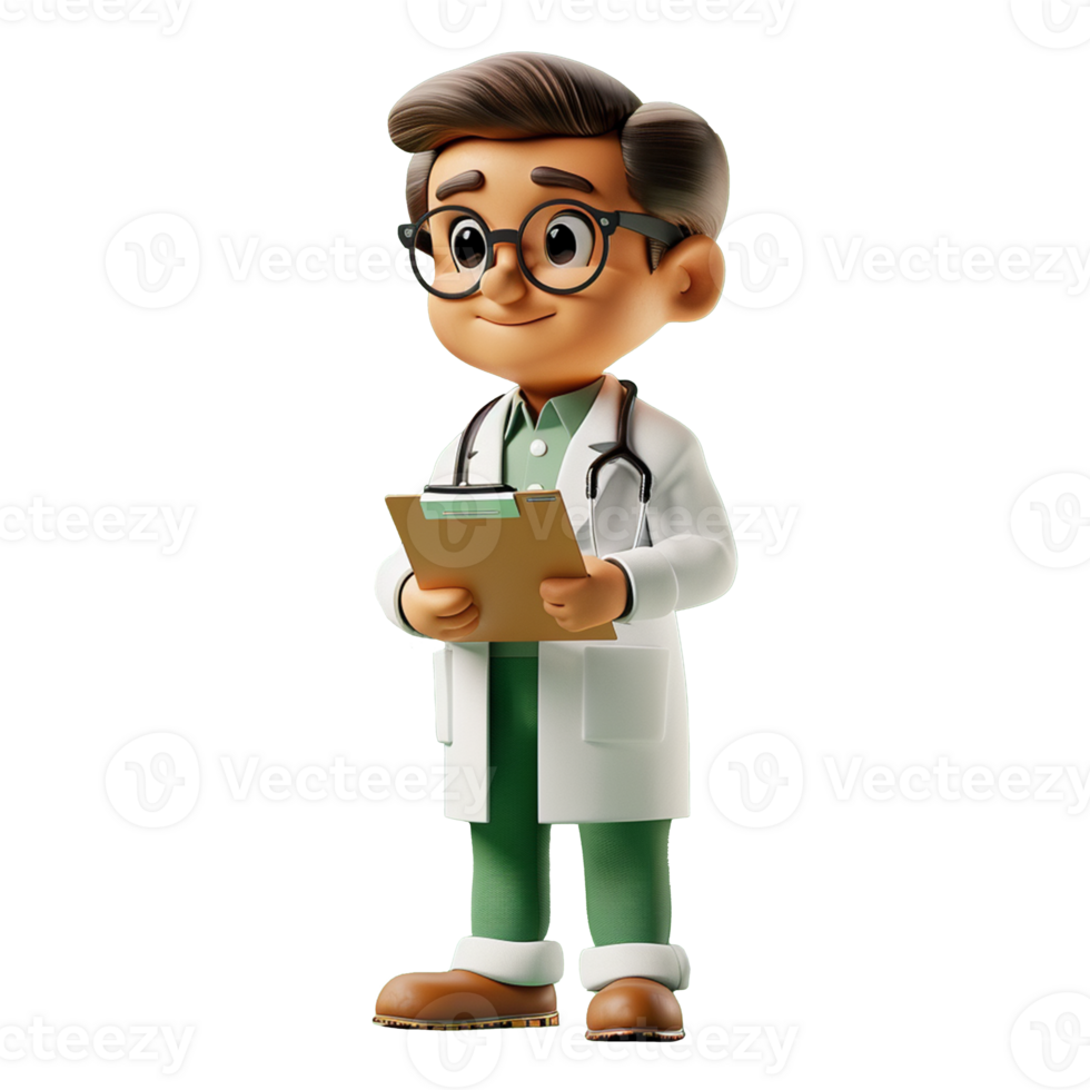 3D character icon of a full-body doctor, wearing a white coat, stethoscope, and holding a clipboard, png