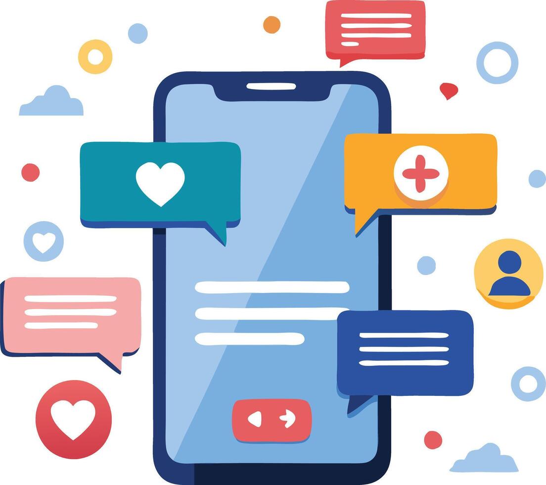 Mobile app interface with social media notification icons, representing communication and online interaction vector