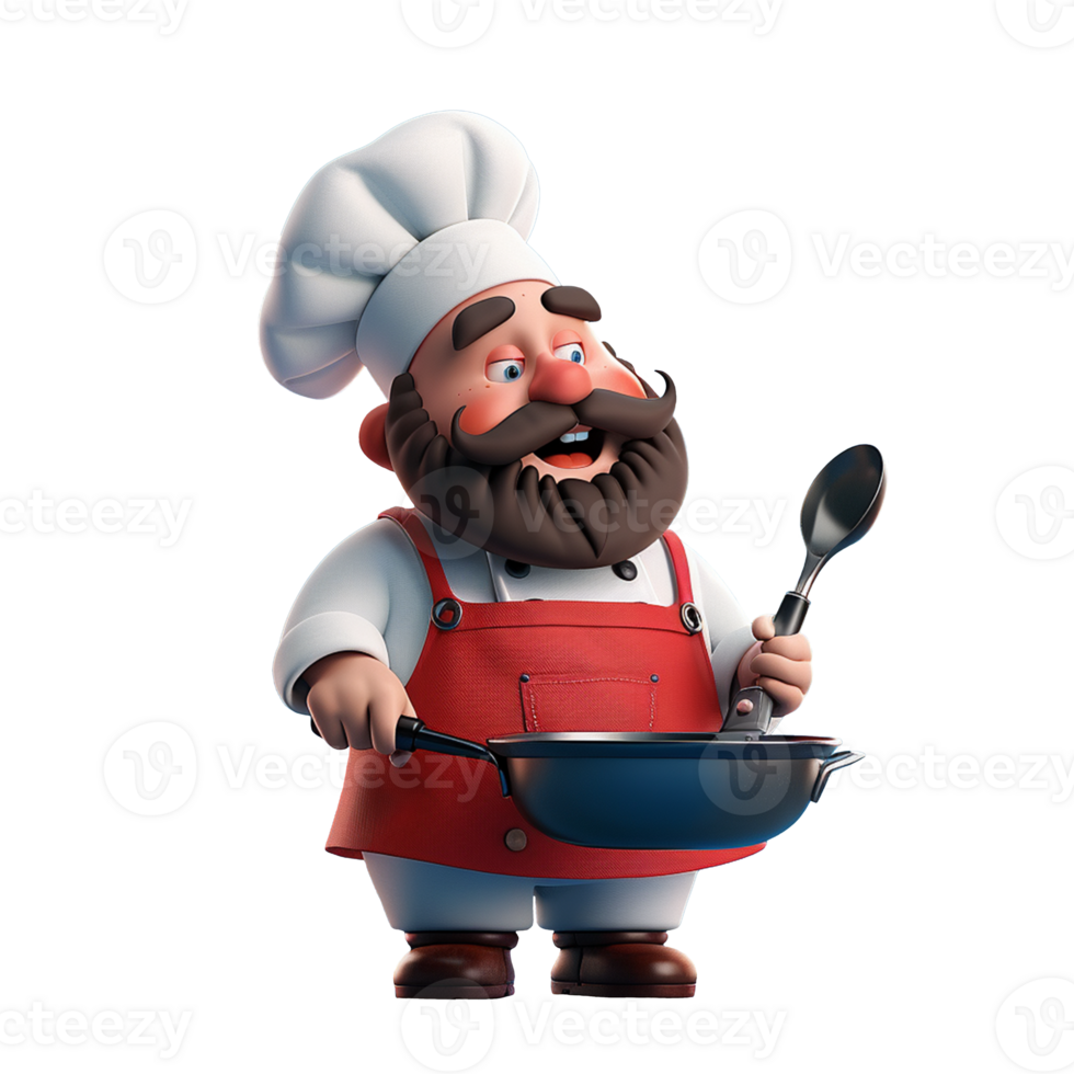 3D character icon of a full-body chef, wearing a chef's hat and apron, holding a skillet png