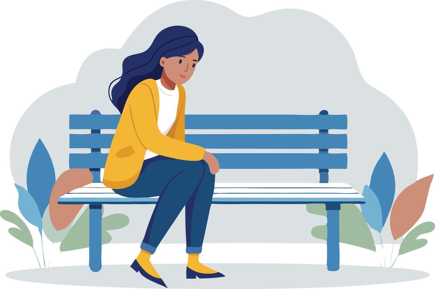 Woman sitting alone on a park bench looking contemplative, representing solitude and reflection vector