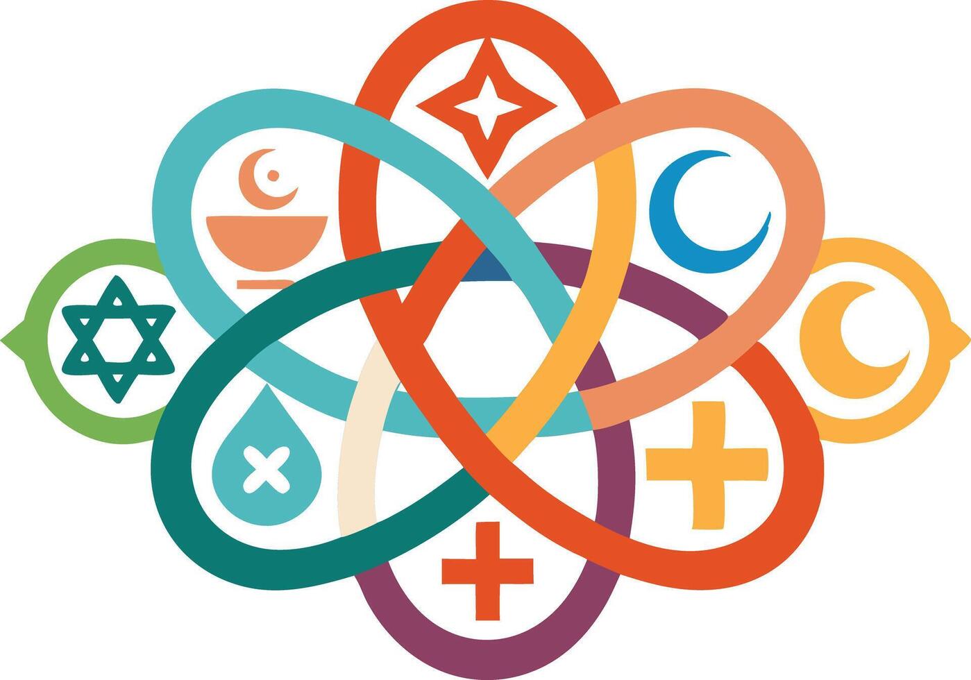 Illustration of interconnected religious symbols representing faith, unity, and diversity vector