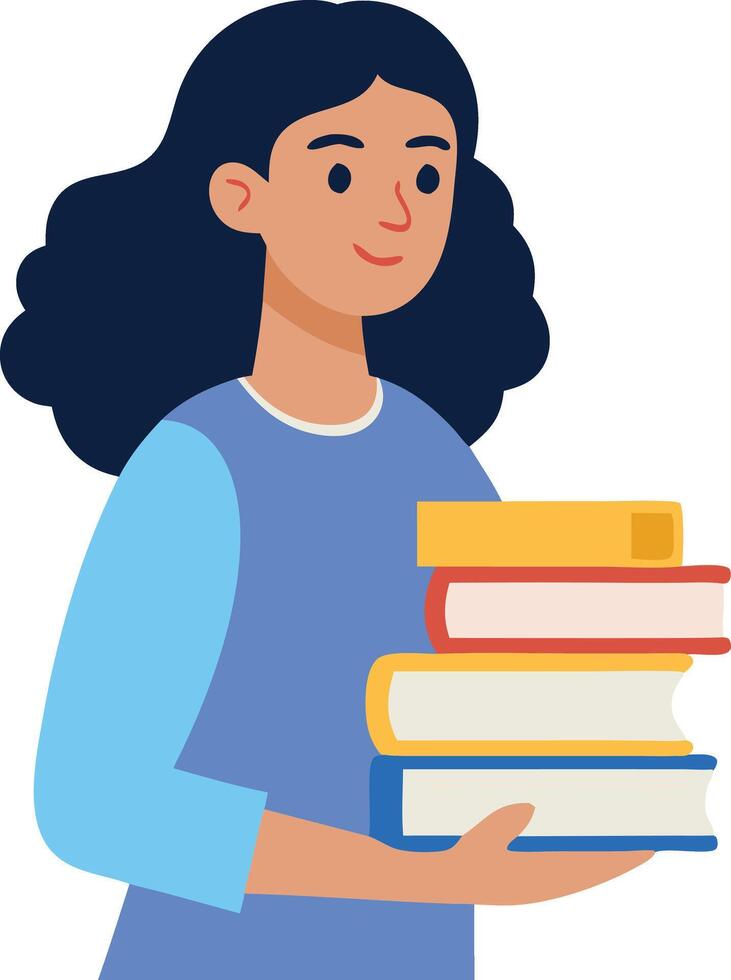 Female student holding a stack of books, symbolizing education, learning, and academic achievement vector