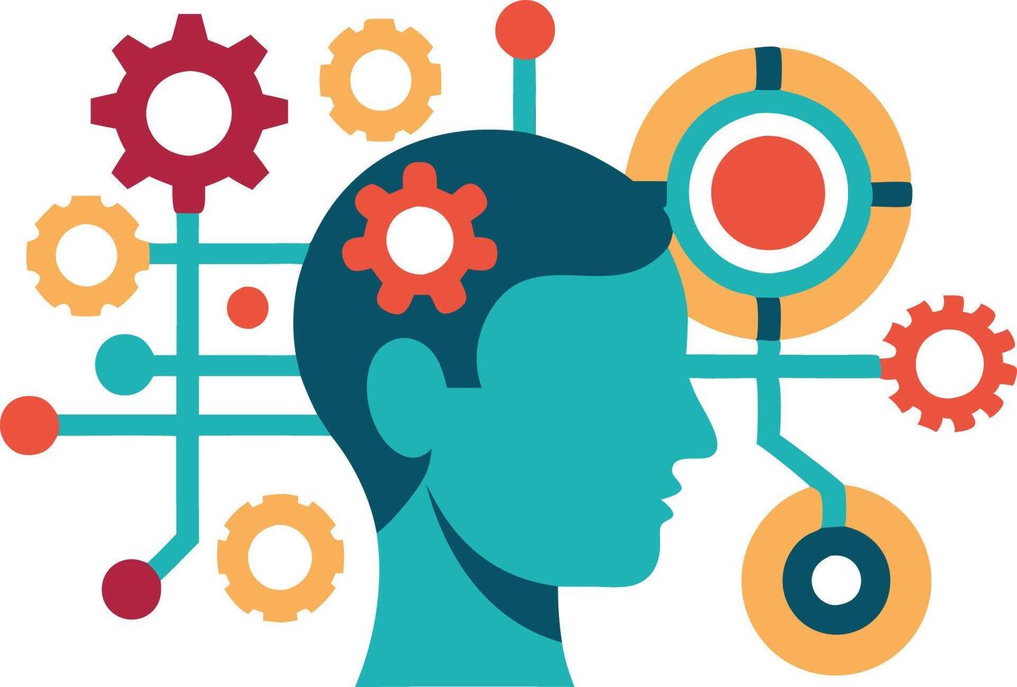 Human head with interconnected gears, symbolizing problemsolving, innovation, and mechanical thinking vector