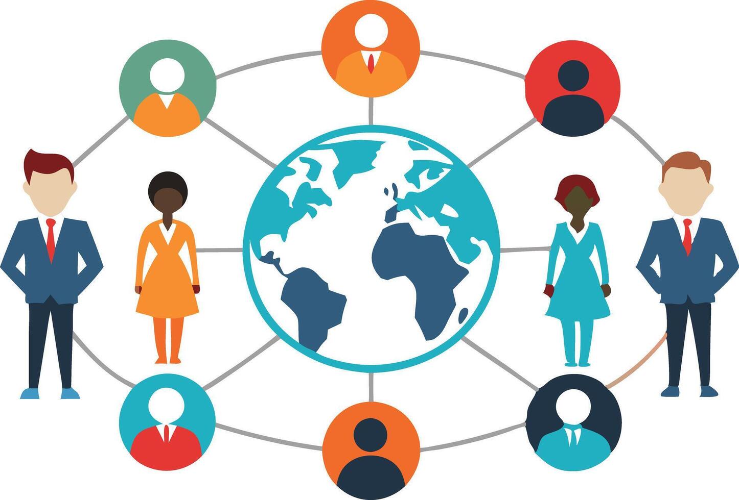 Illustration of people connected by a global network symbolizing teamwork, communication, and collaboration vector