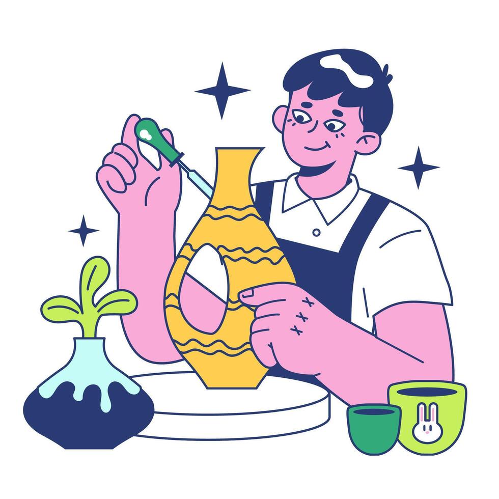 Retreat activity. Male character relaxing while making pottery. Creative vector
