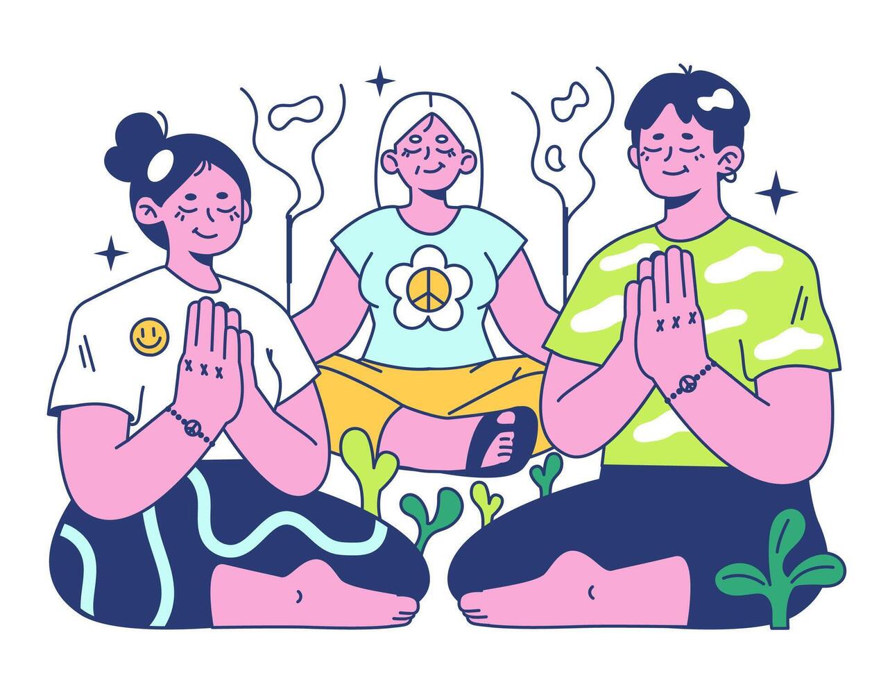 Retreat. Character meditating in lotus position outside. Modern practice vector