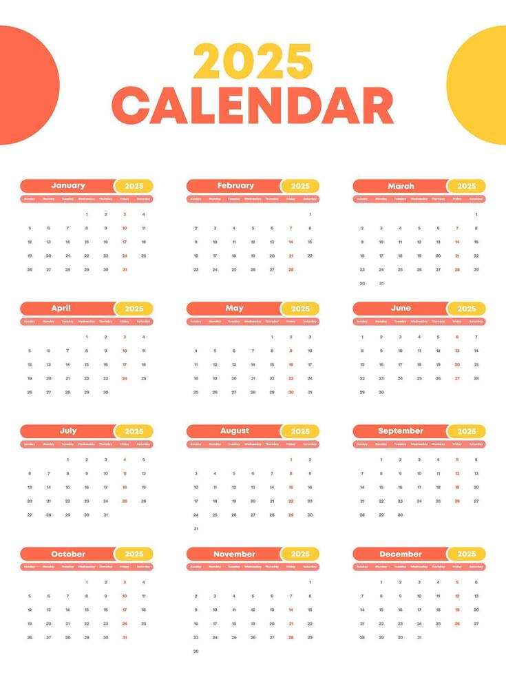 Minimalist 2025 Yearly Calendar with Bold Headers vector