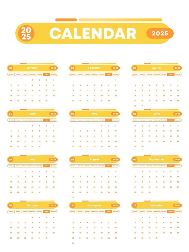 Editable 2025 Calendar Template with Yellow and Orange Design vector