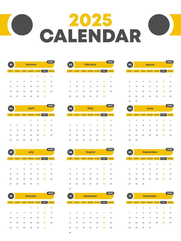 Full-Year 2025 Calendar Layout with Weekdays vector