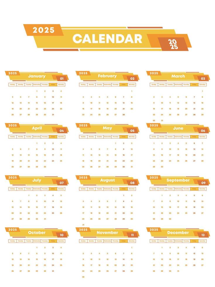 Vibrant 2025 Calendar with Bold Headers vector