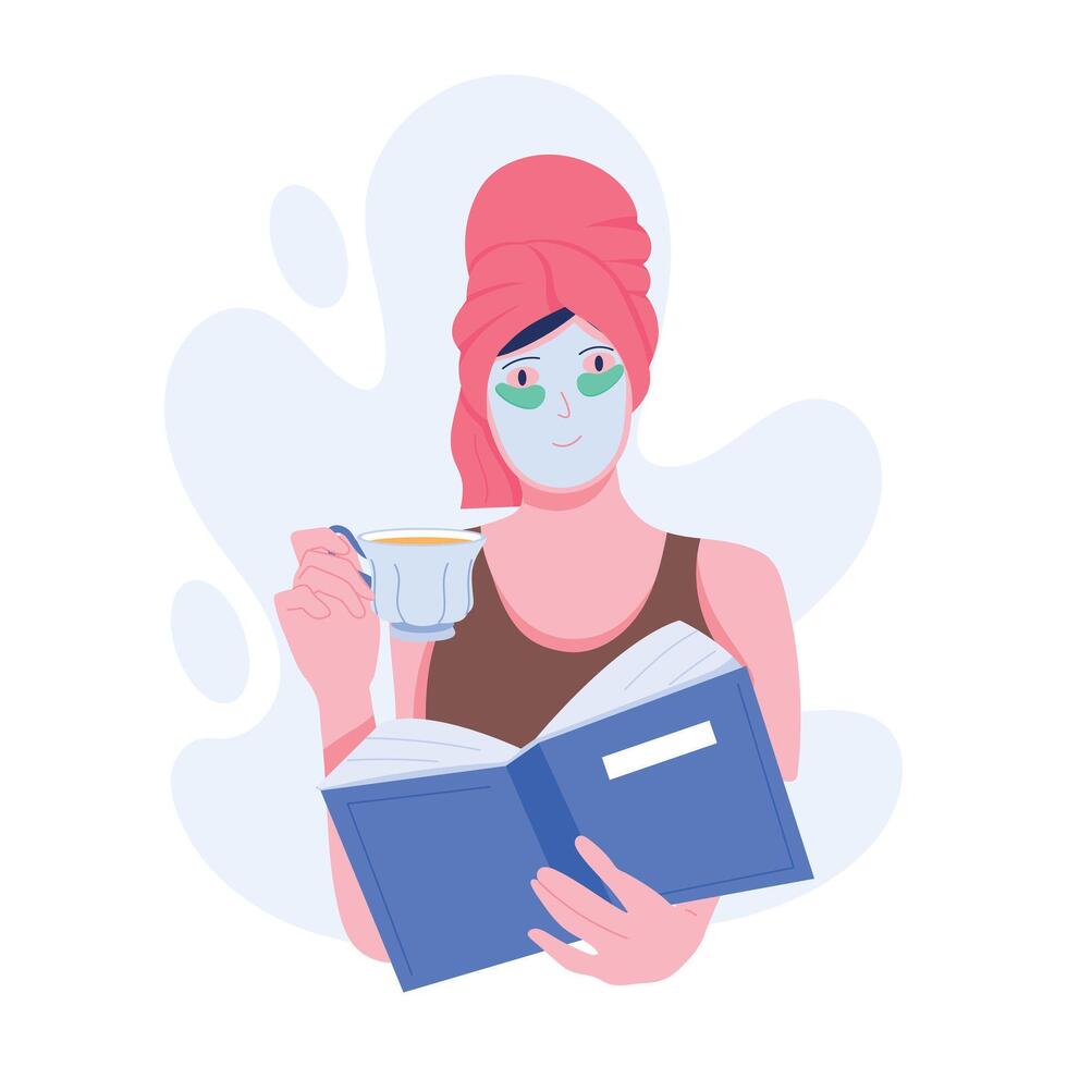 Girl reading book while skincare routine, flat illustration vector