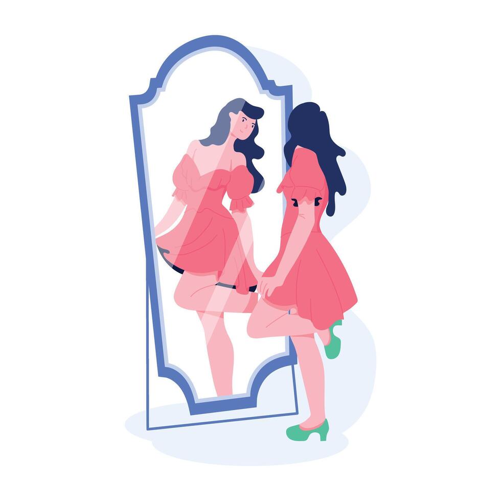 Girl esteeming in front of mirror, flat illustration vector