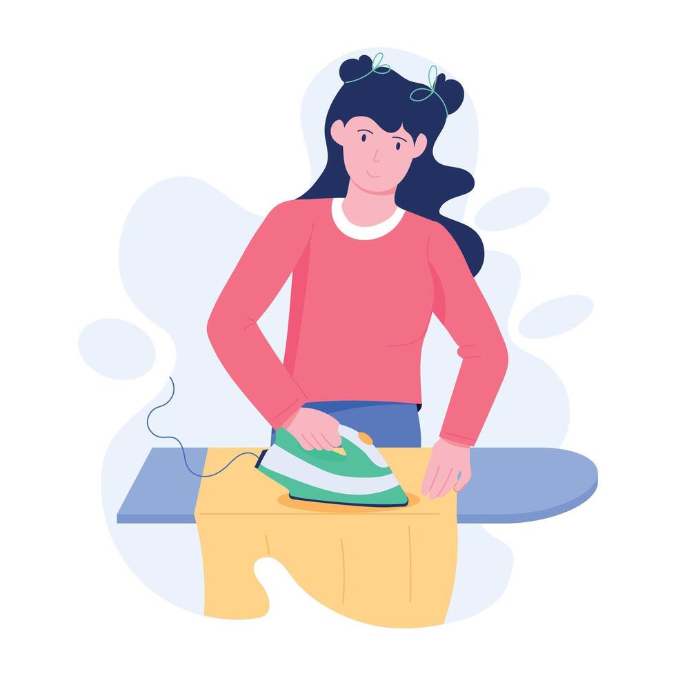 Girl ironing shirt on table, flat illustration vector