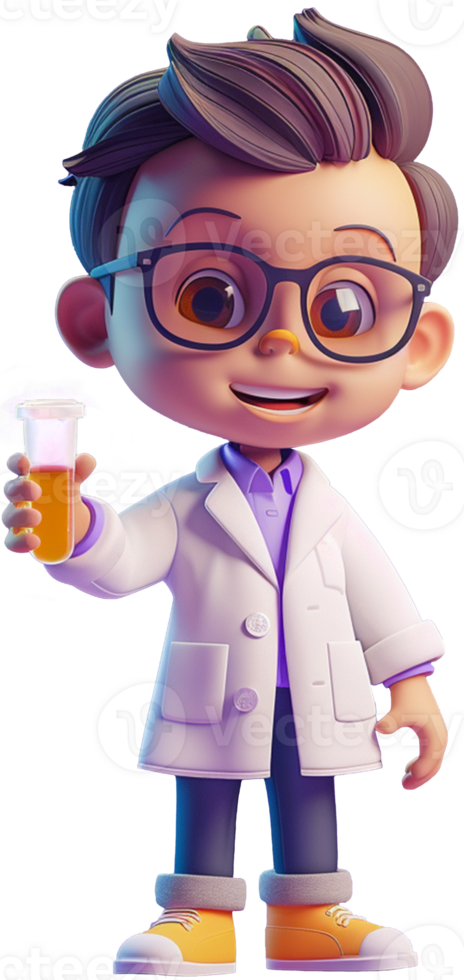 Cute 3D character icon of a full-body researcher, wearing a lab coat and holding a test tube, png