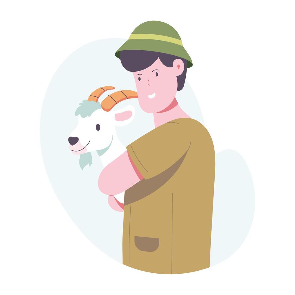 A man hugging pet goat, a flat style illustration vector