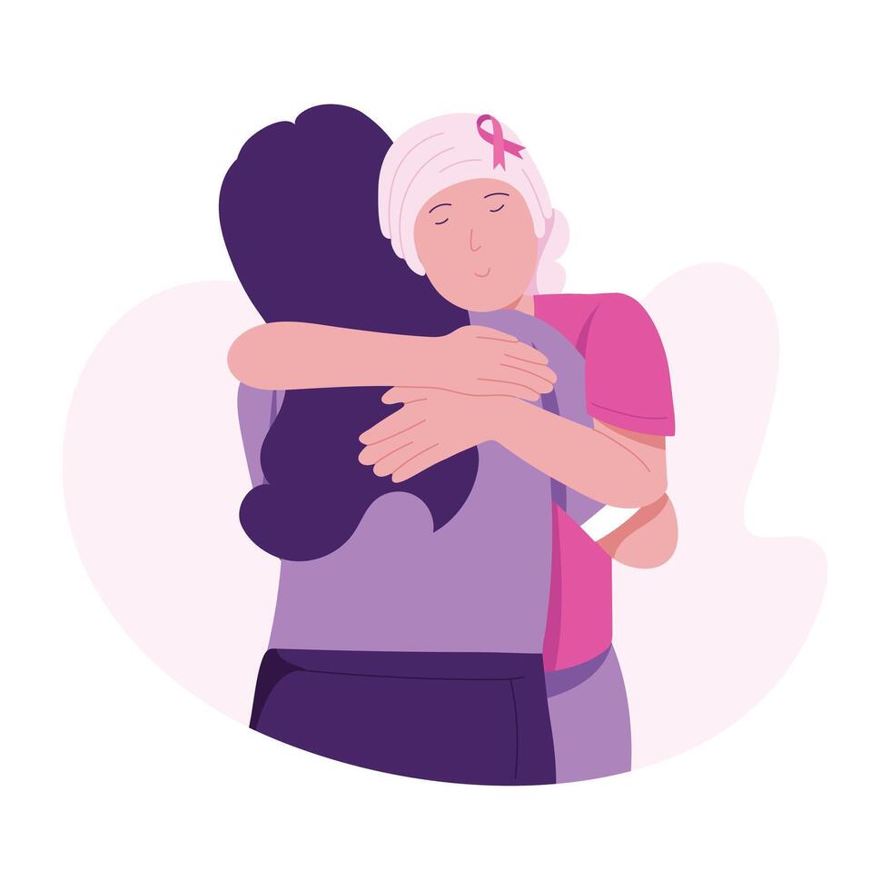 Girl giving consoling hug to cancer patient, flat illustration vector