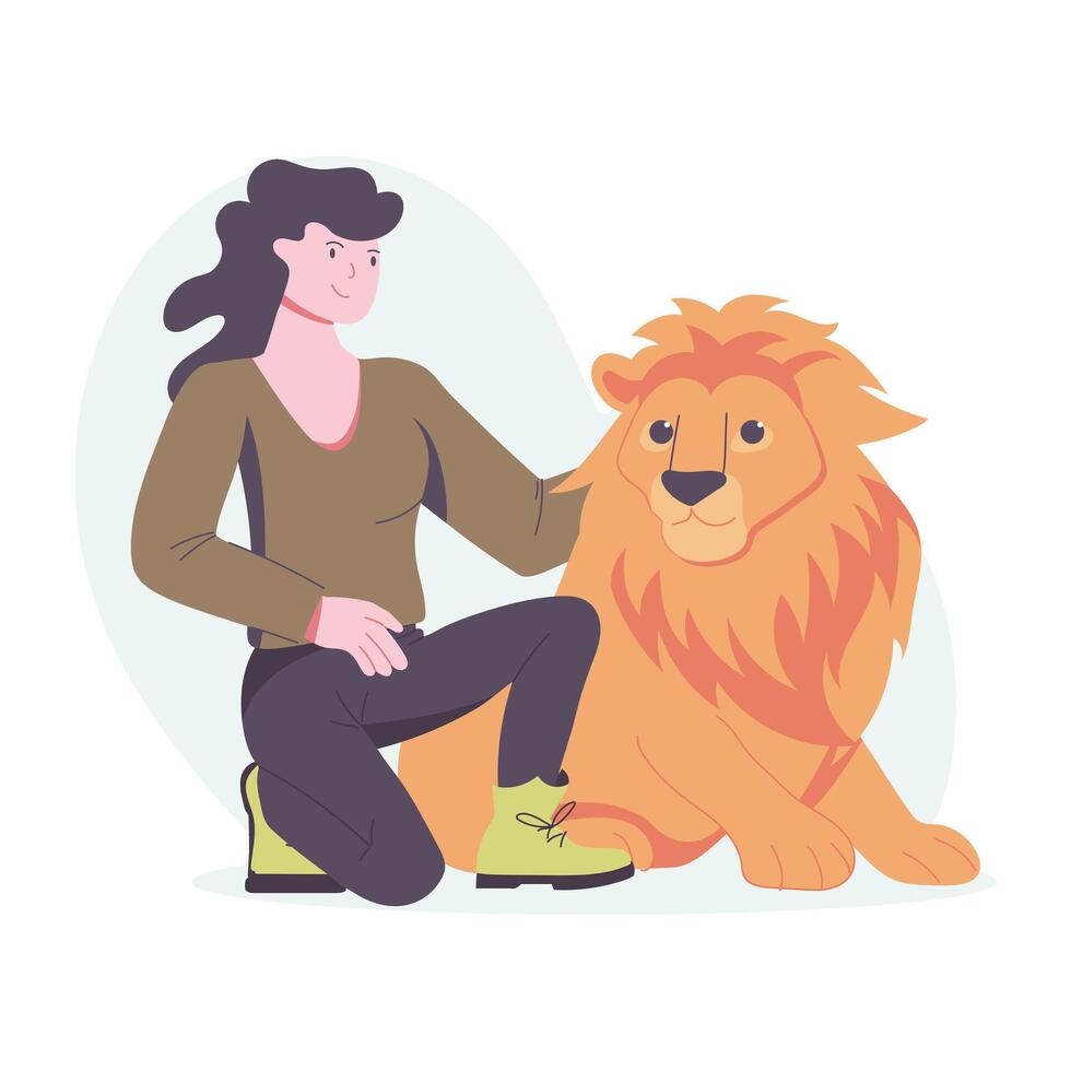 A woman petting lion, flat style illustration vector