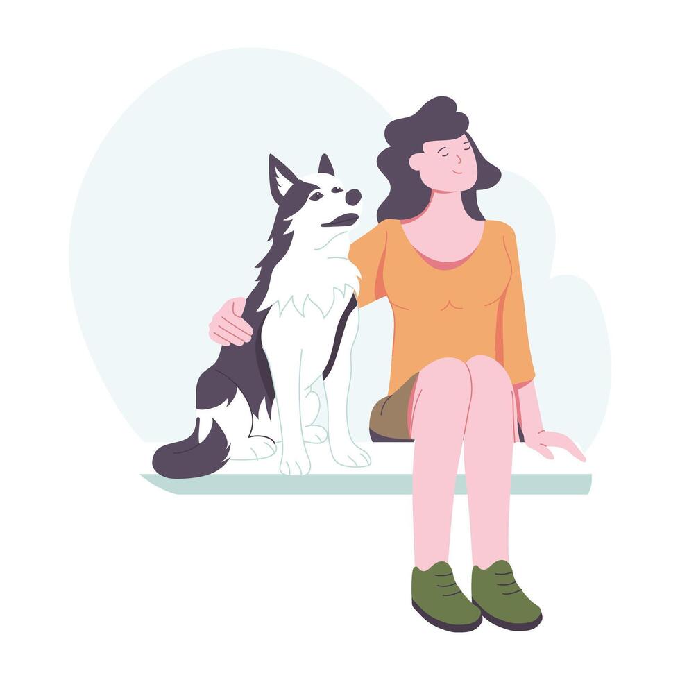 Friendly wolf sitting with a girl, flat style illustration vector