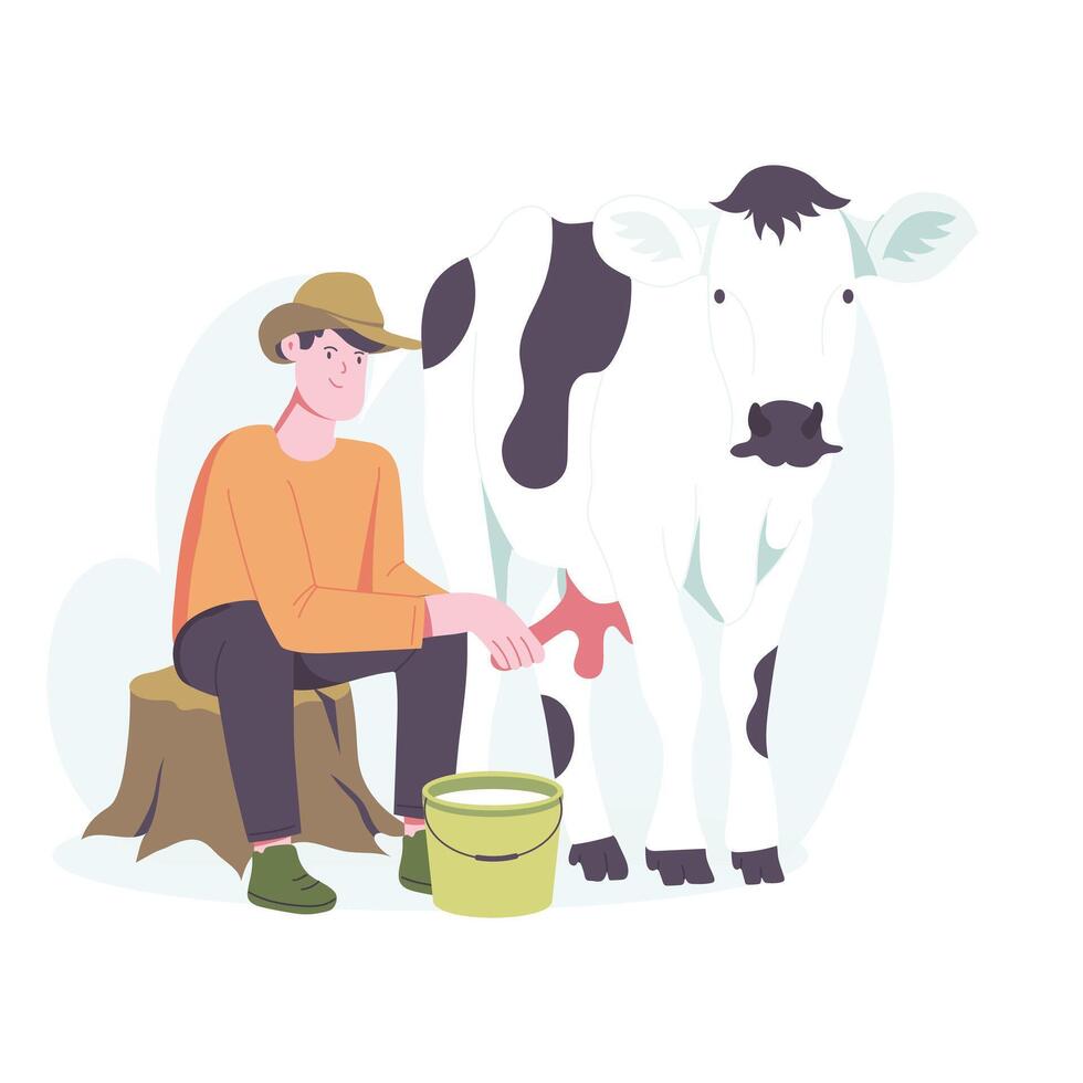 Cow milking illustration in flat style vector