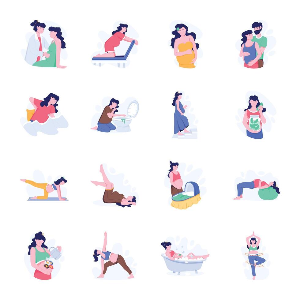 Collection of Pregnant Woman Flat Style Illustrations vector