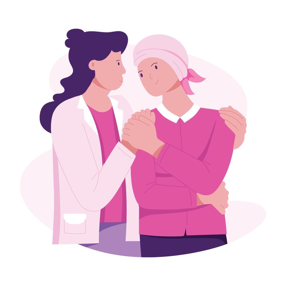 Doctor consoling cancer survivor, flat illustration vector